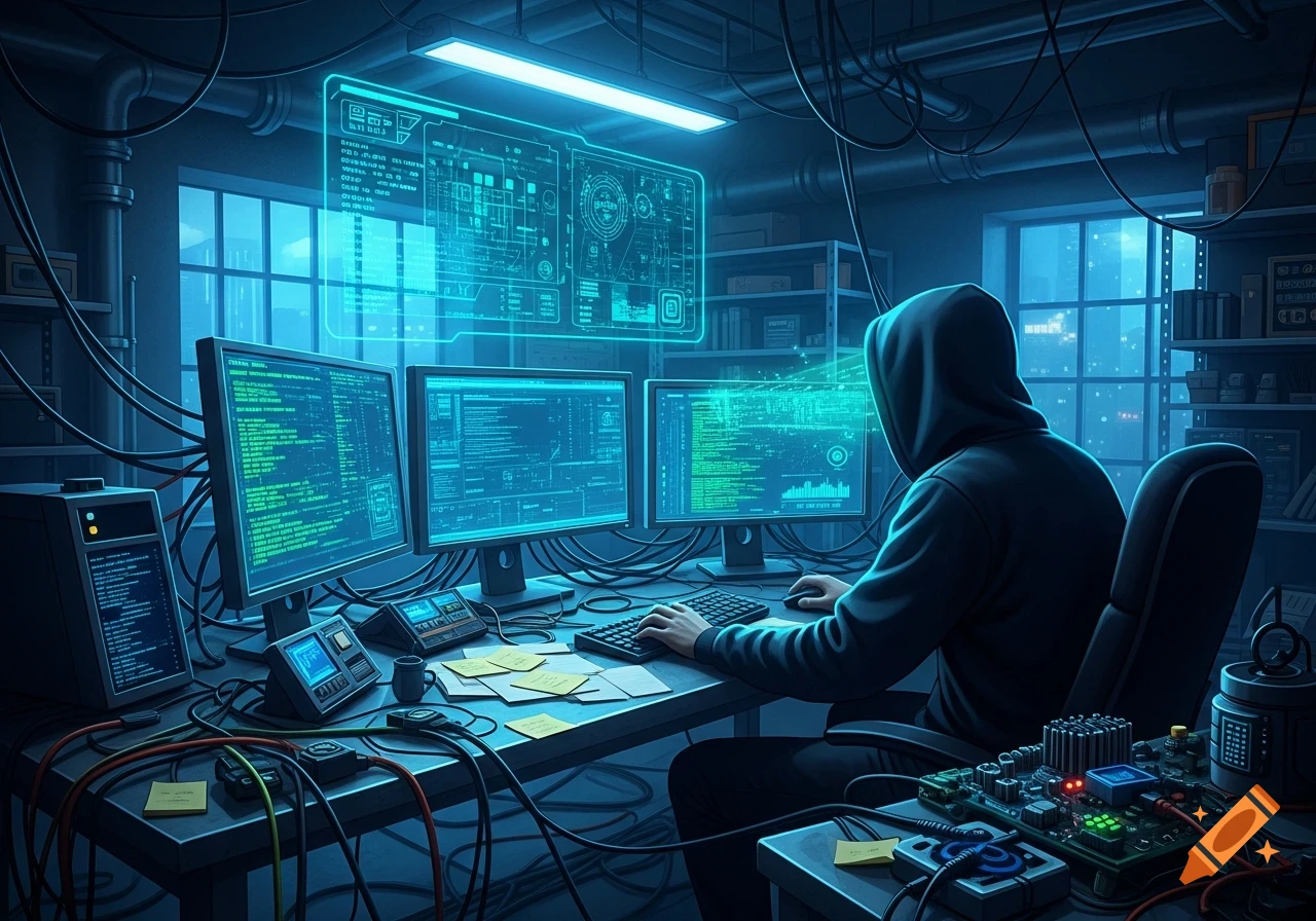 A hooded hacker works at a desk surrounded by multiple glowing computer monitors displaying code and data, with tangled wires and circuit boards.