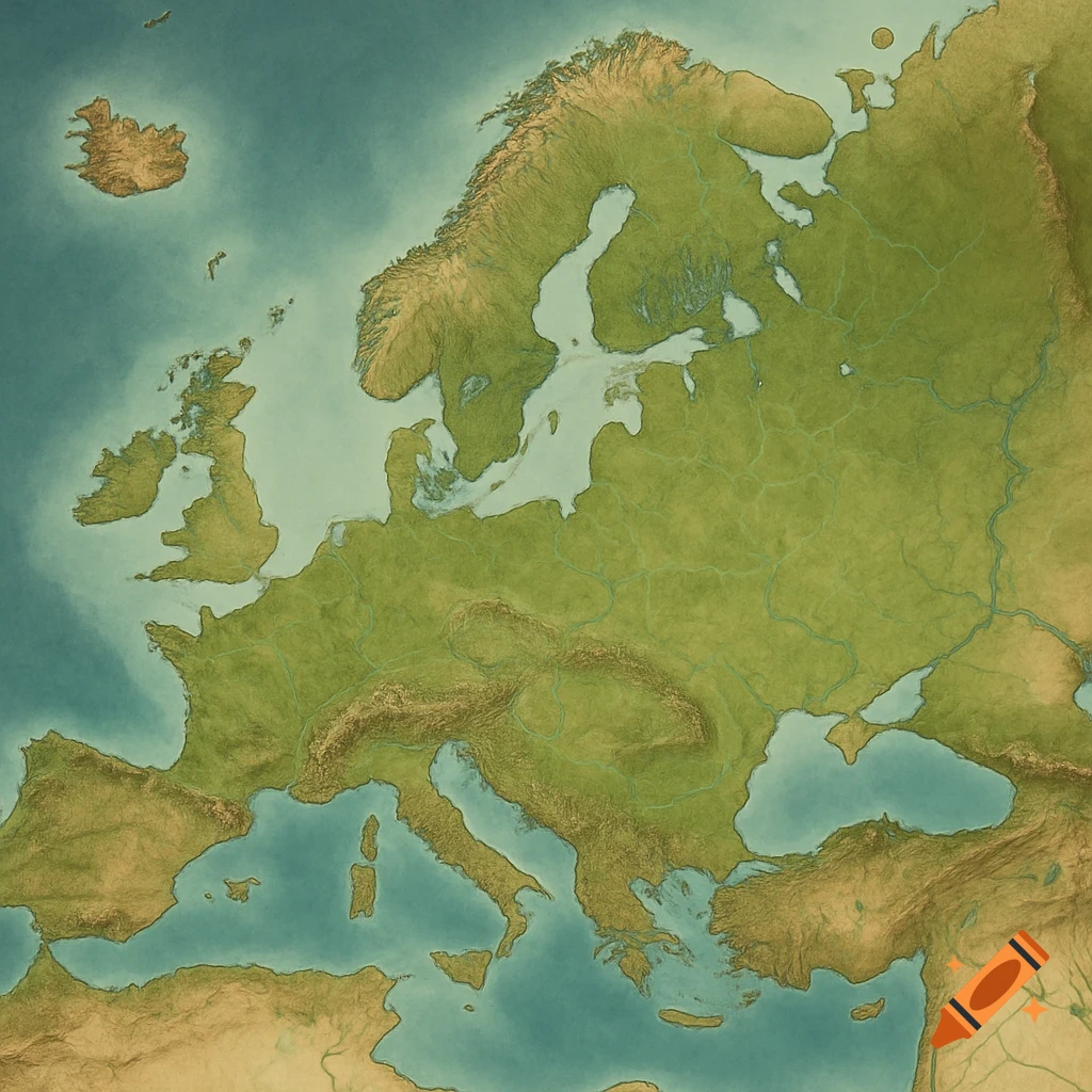 A topographical relief map of Europe, showing green landmasses, brown mountainous regions, and blue oceans and seas.