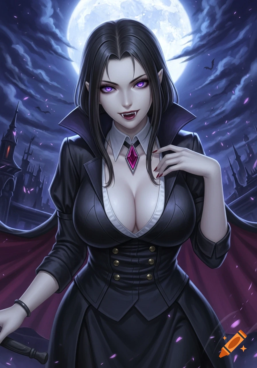 A beautiful anime-style female vampire with long black hair, purple eyes, and fangs, wearing a black and purple outfit, stands before a full moon and a gothic castle.