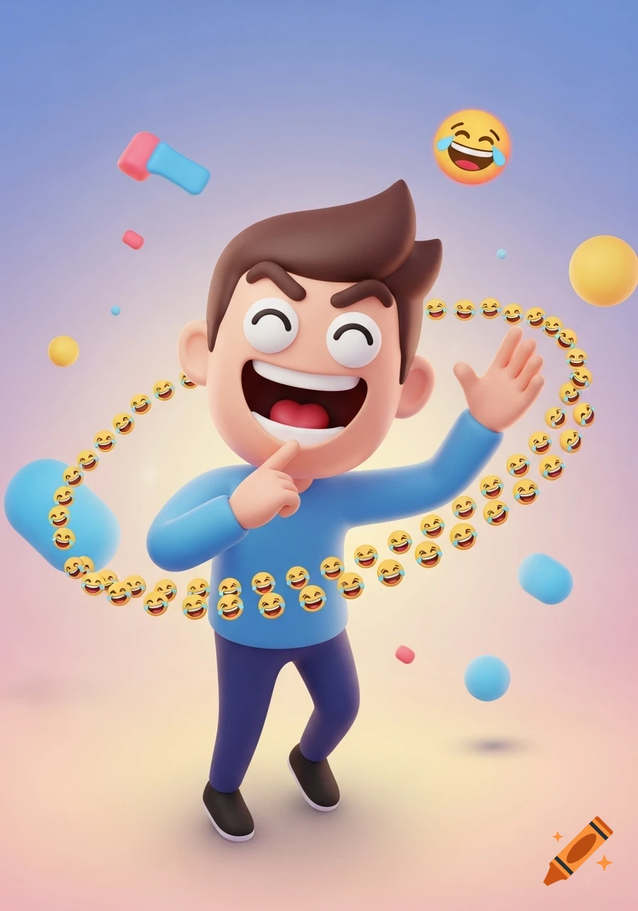 A joyful 3D cartoon man laughing, pointing, and waving, surrounded by small laughing emojis and abstract shapes in pastel colors.