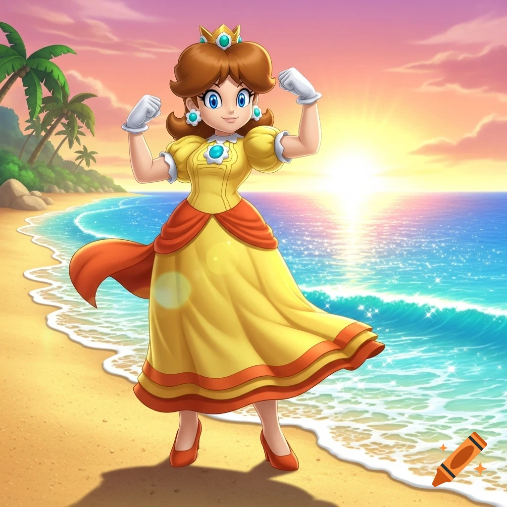 Princess Daisy, in a yellow dress, flexing muscles on a sunny beach with palm trees and ocean at sunset.