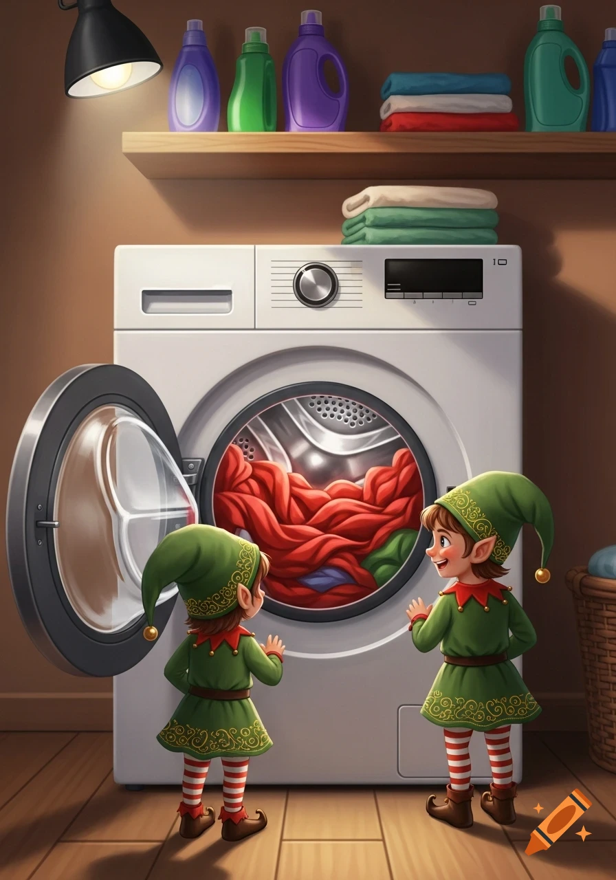 Two cartoon elves in green outfits and striped socks peer into an open washing machine filled with red clothes, in an illustrated laundry room.
