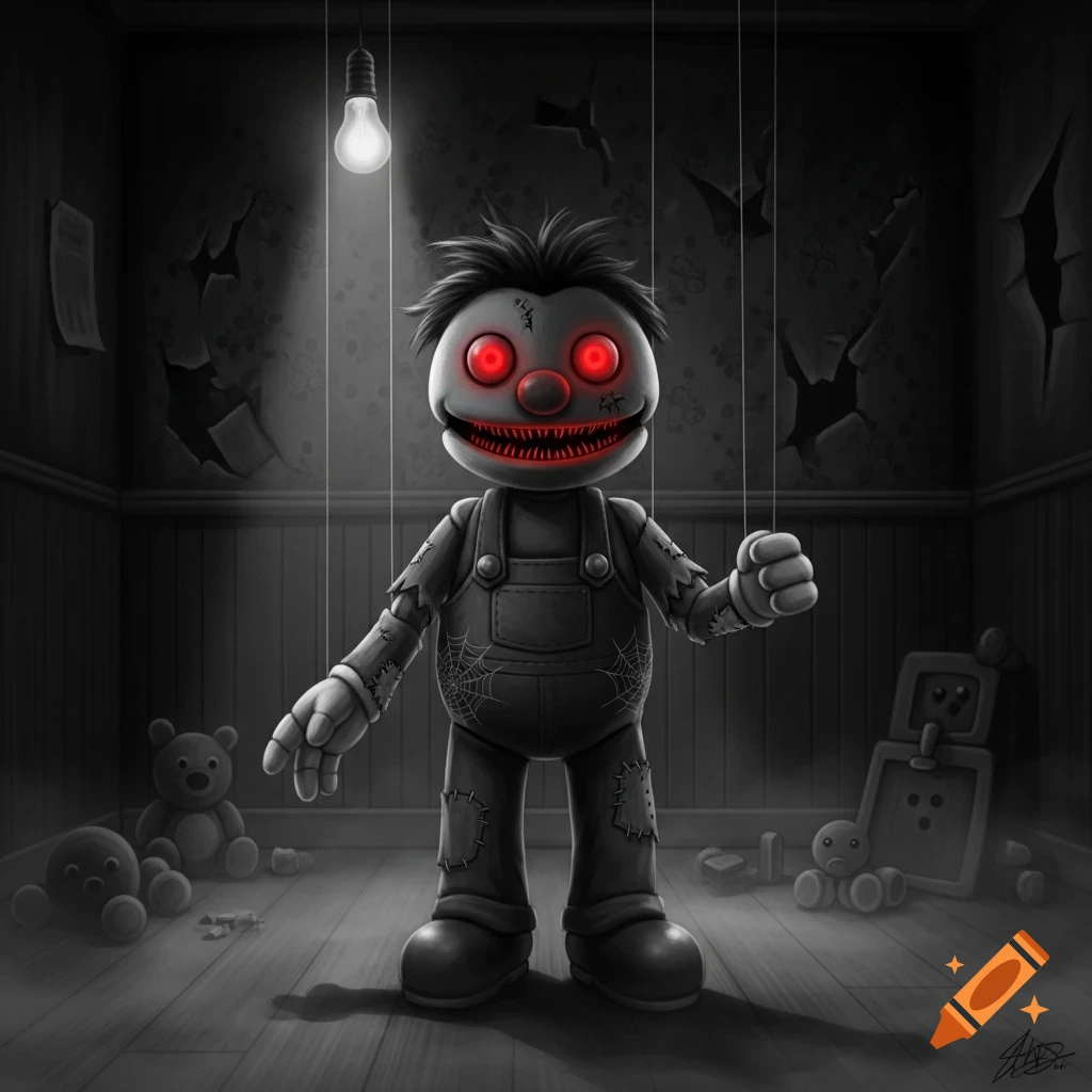 A creepy, stylized puppet with glowing red eyes and a fanged smile stands in a dark, dilapidated room amidst broken toys.
