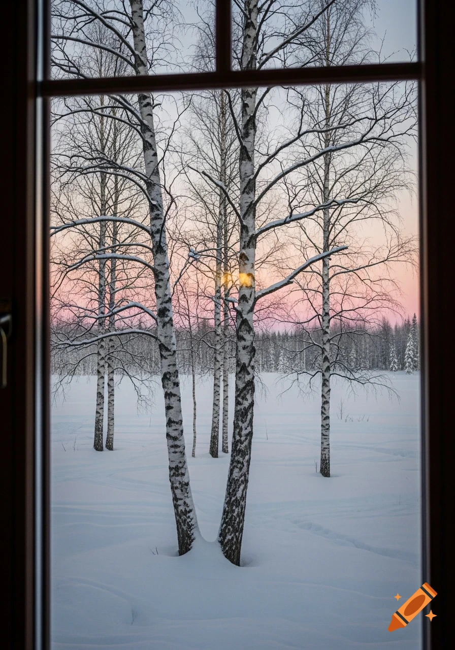 A photorealistic winter landscape seen through a window, featuring birch trees in a snow-covered field with a pink and orange sunset sky.