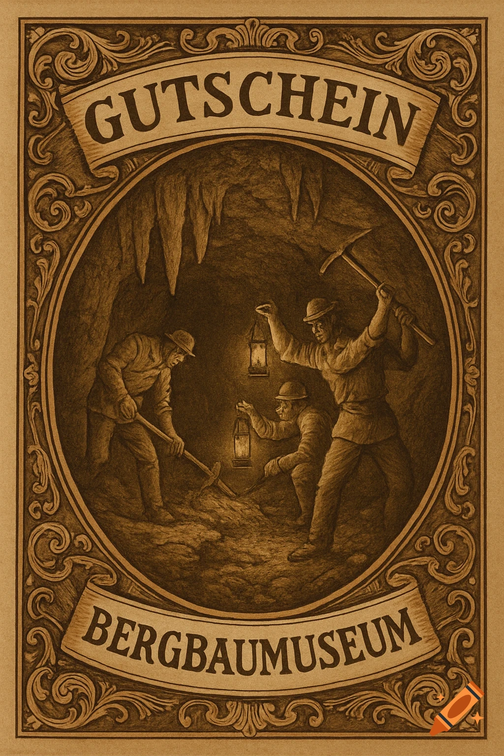 Vintage sepia illustration of three miners with tools and lanterns in a cave, with 'GUTSCHEIN' and 'BERGBAUMUSEUM' text.