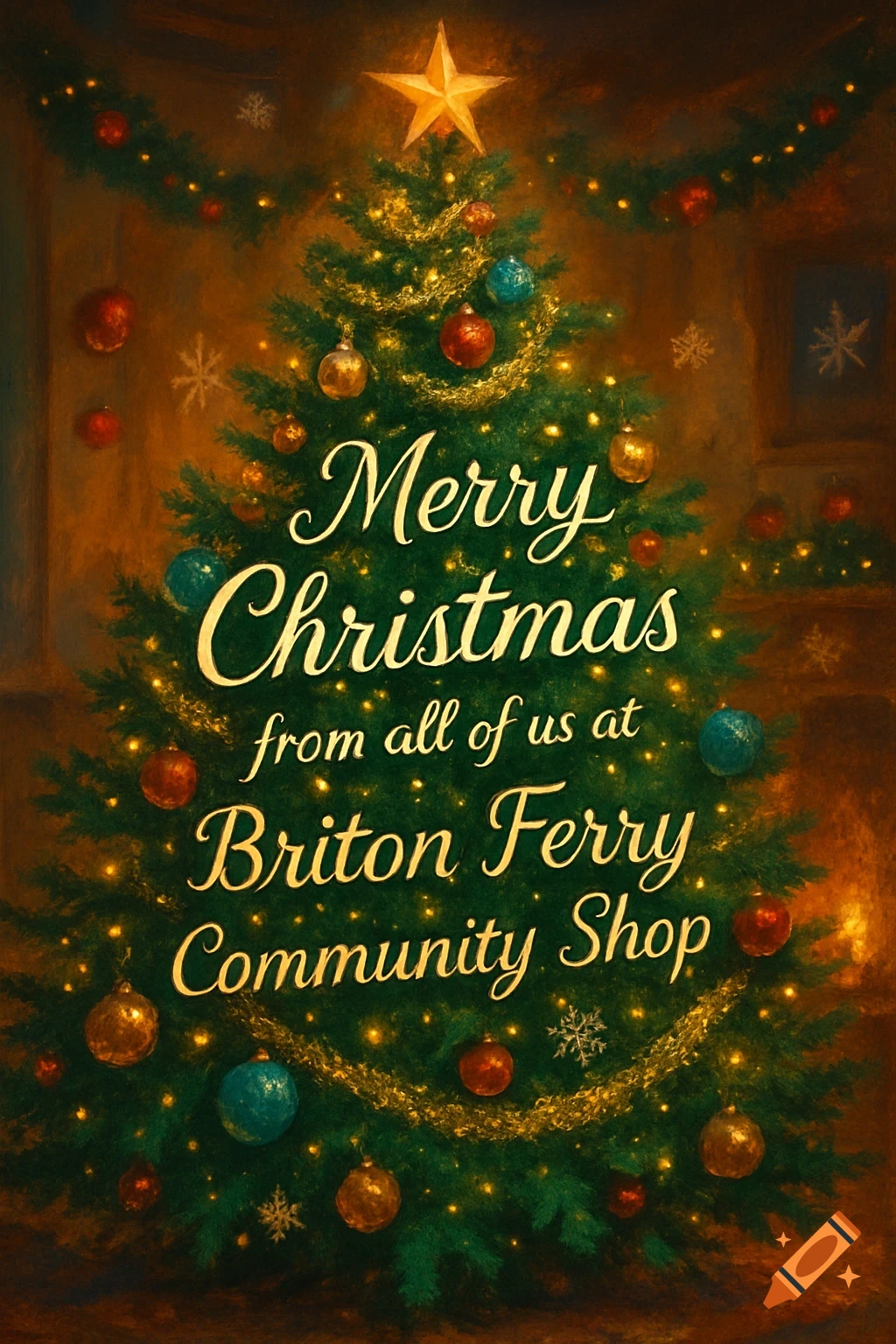 A festive Christmas tree adorned with colorful ornaments, golden lights, and a star, with the text "Merry Christmas from all of us at Briton Ferry Community Shop".