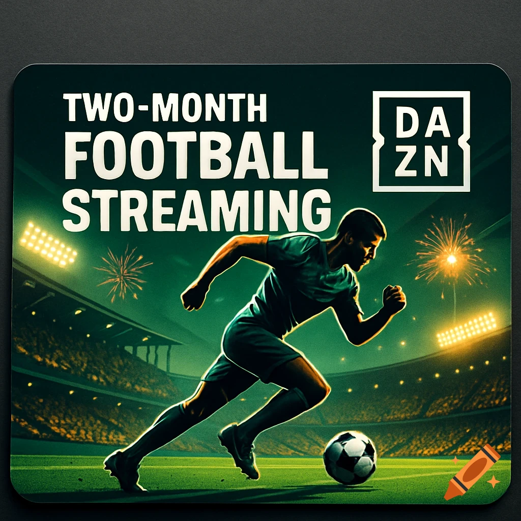 A soccer player runs on a green field in a stadium at night, with "TWO-MONTH FOOTBALL STREAMING" and "DAZN" text.