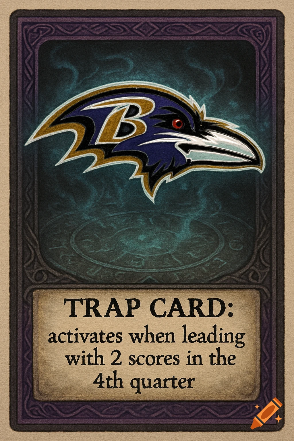 A fantasy trading card featuring the Baltimore Ravens logo and text describing a 'Trap Card' rule.