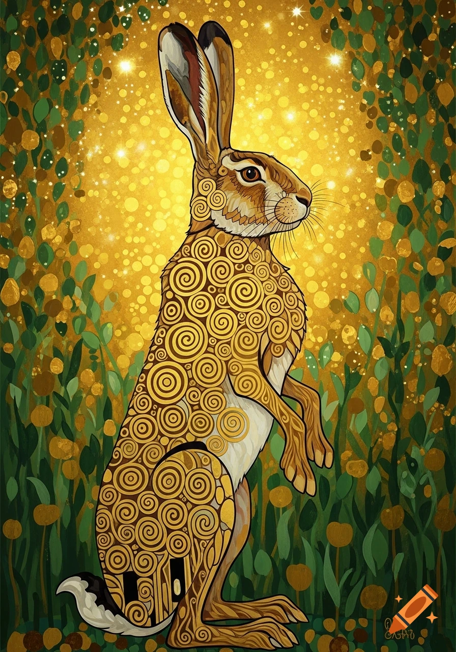 An ornate, Klimt-style illustration of a rabbit standing upright in golden, green foliage, covered in golden spiral patterns.