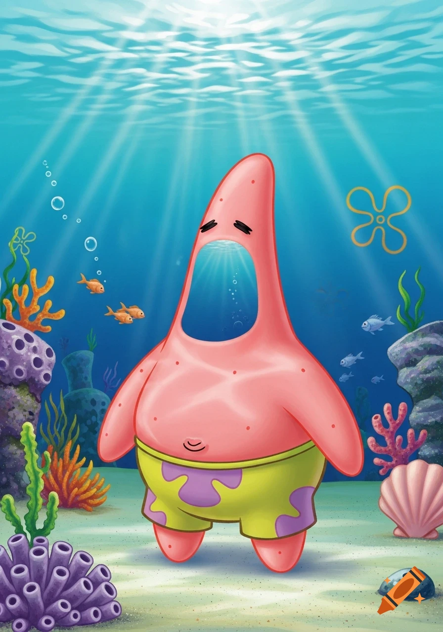 Cartoon Patrick Star underwater with a large gaping mouth instead of a face, surrounded by coral and small fish.