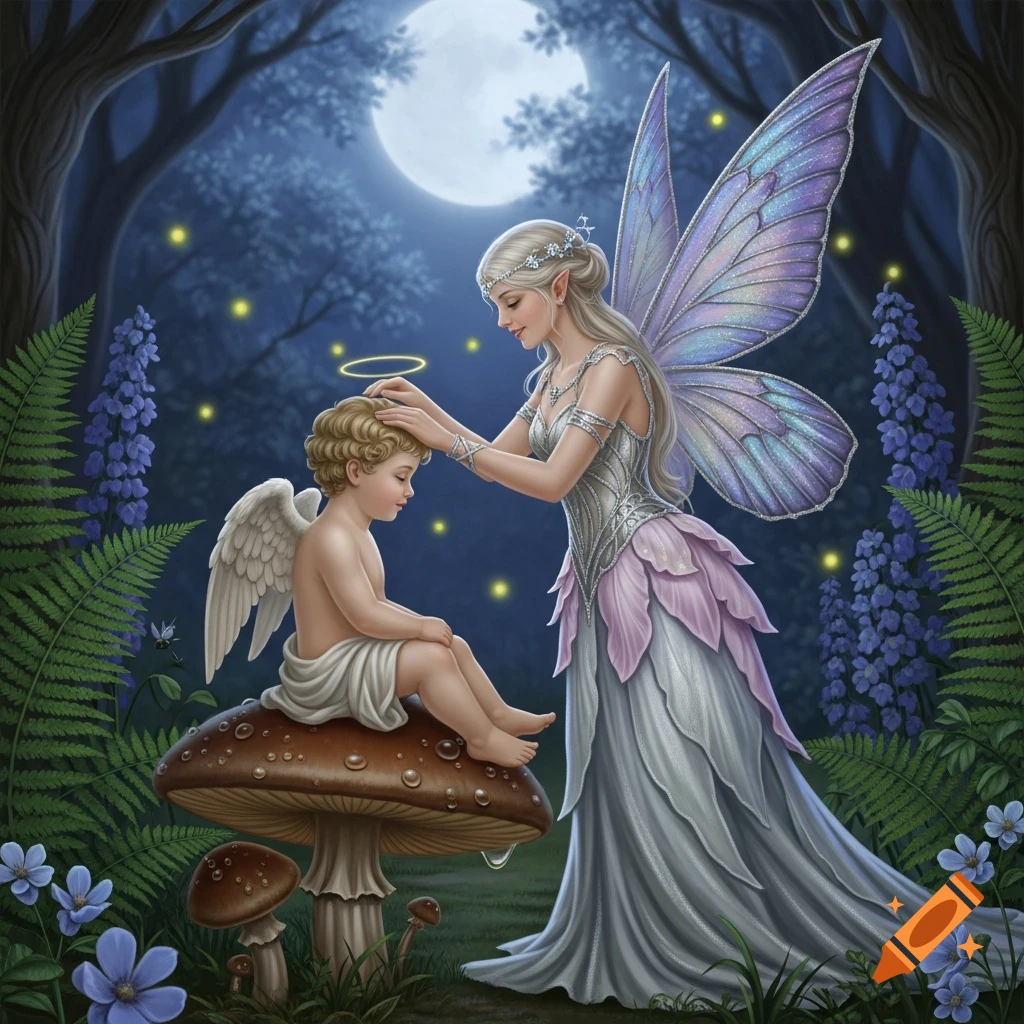 A female fairy with shimmering wings gently touches the head of a blonde putto sitting on a mushroom in a moonlit forest.