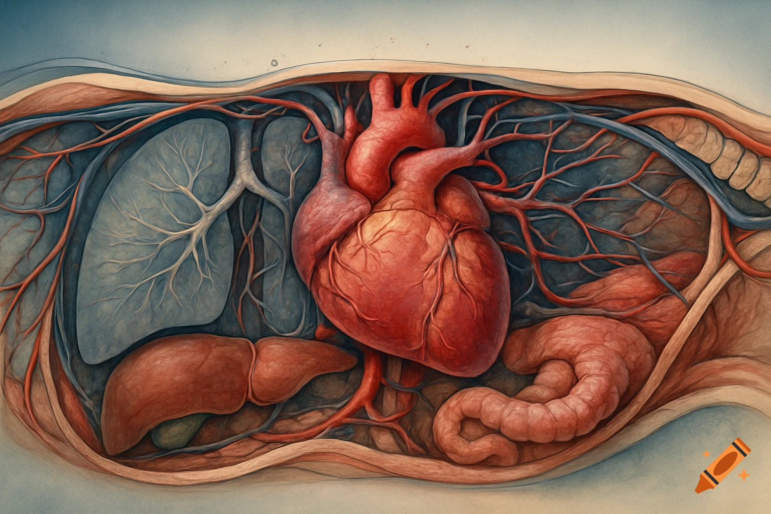Stylized illustration of human internal organs, including the heart, lungs, liver, and intestines, within a cross-section of the torso.