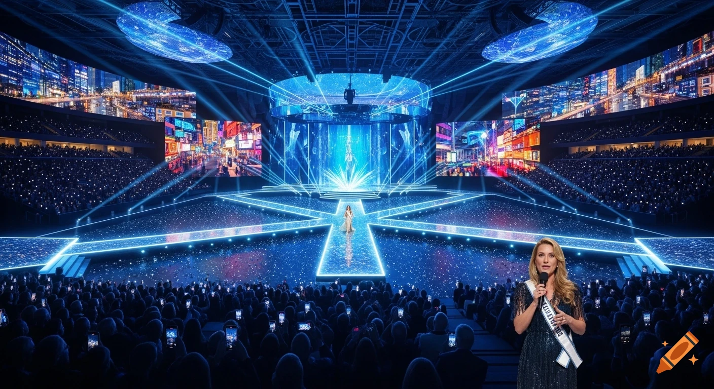 A female presenter on a futuristic blue stage with an X-shaped catwalk, giant screens, and an audience at a beauty pageant.