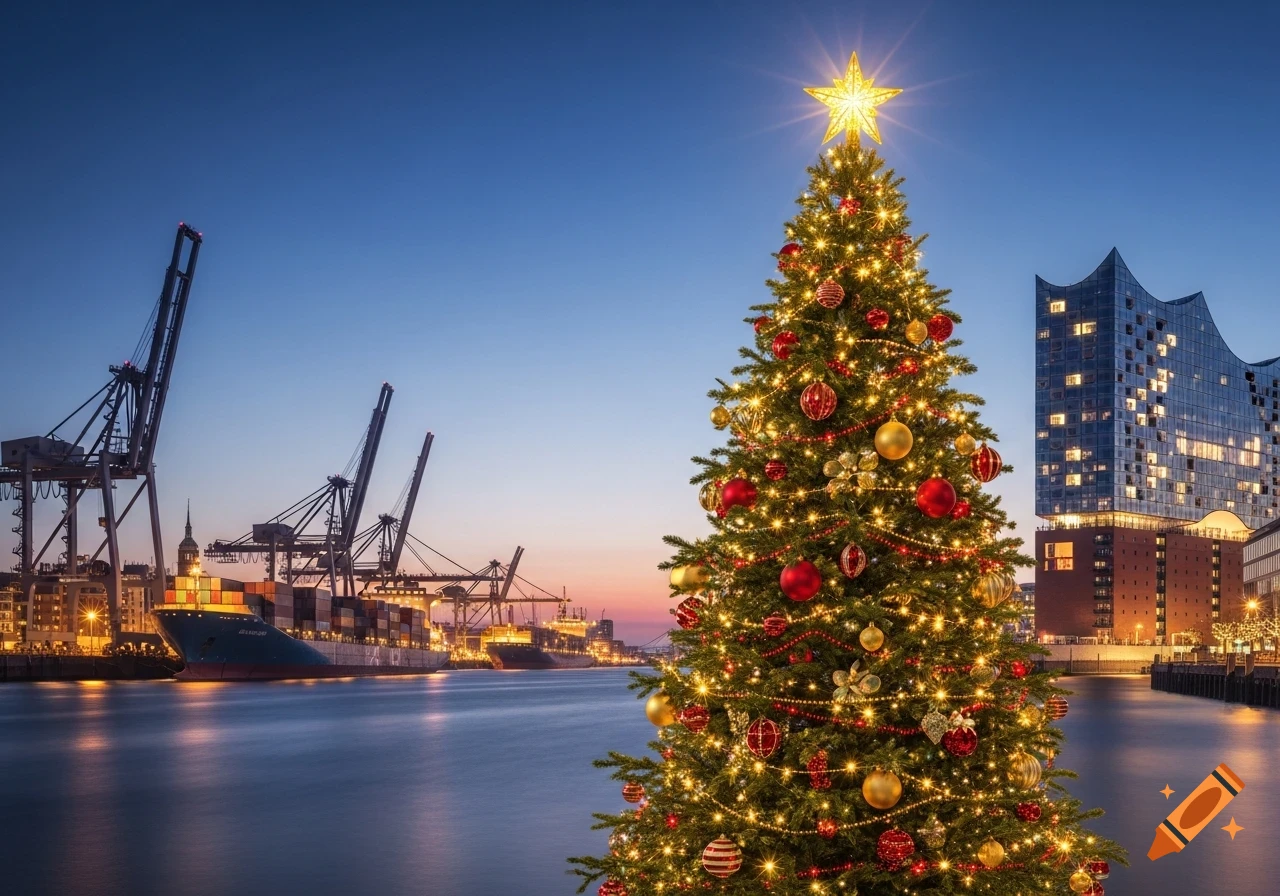 A festive Christmas tree with lights and ornaments in the foreground of a harbor at dusk, featuring ships, cranes, and modern architecture.