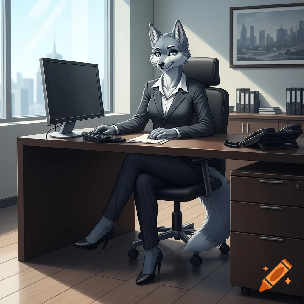 A female anthropomorphic grey wolf in a business suit sits at an office desk, smiling. Digital art.