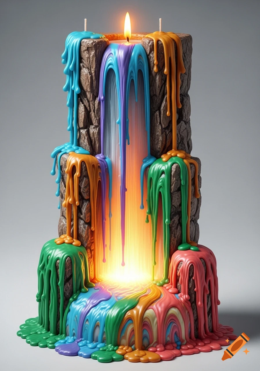 A surreal artistic candle sculpted like a cliff, with streams of glossy multicolored wax flowing down like a waterfall. Soft light glows from the base.