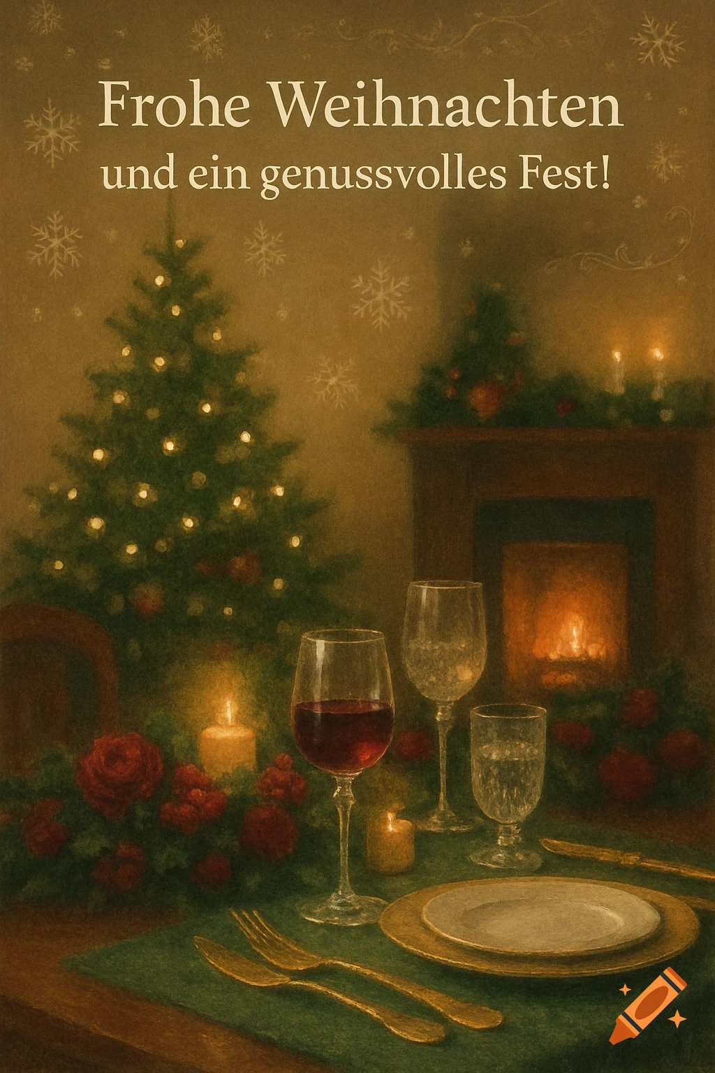 A warm Christmas scene with a decorated tree, glowing fireplace, and a table set with wine, candles, and cutlery, featuring 'Frohe Weihnachten' text.