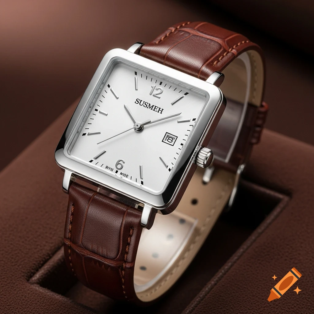 A close-up of a square silver analog watch with a white dial, black markers, and a brown leather strap, resting on a brown surface.
