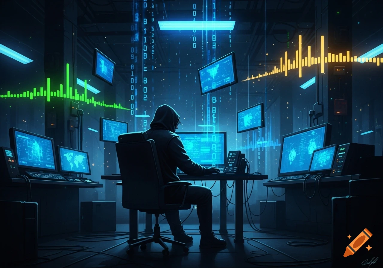 A hooded hacker sits at a desk surrounded by multiple glowing blue computer screens displaying code, data, and maps in a dark, futuristic server room.
