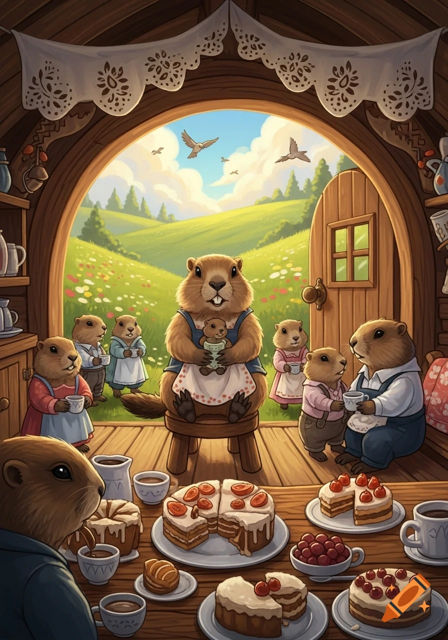 An illustration of anthropomorphic groundhogs enjoying a feast of cakes and drinks inside a cozy burrow, looking out at a sunny field.
