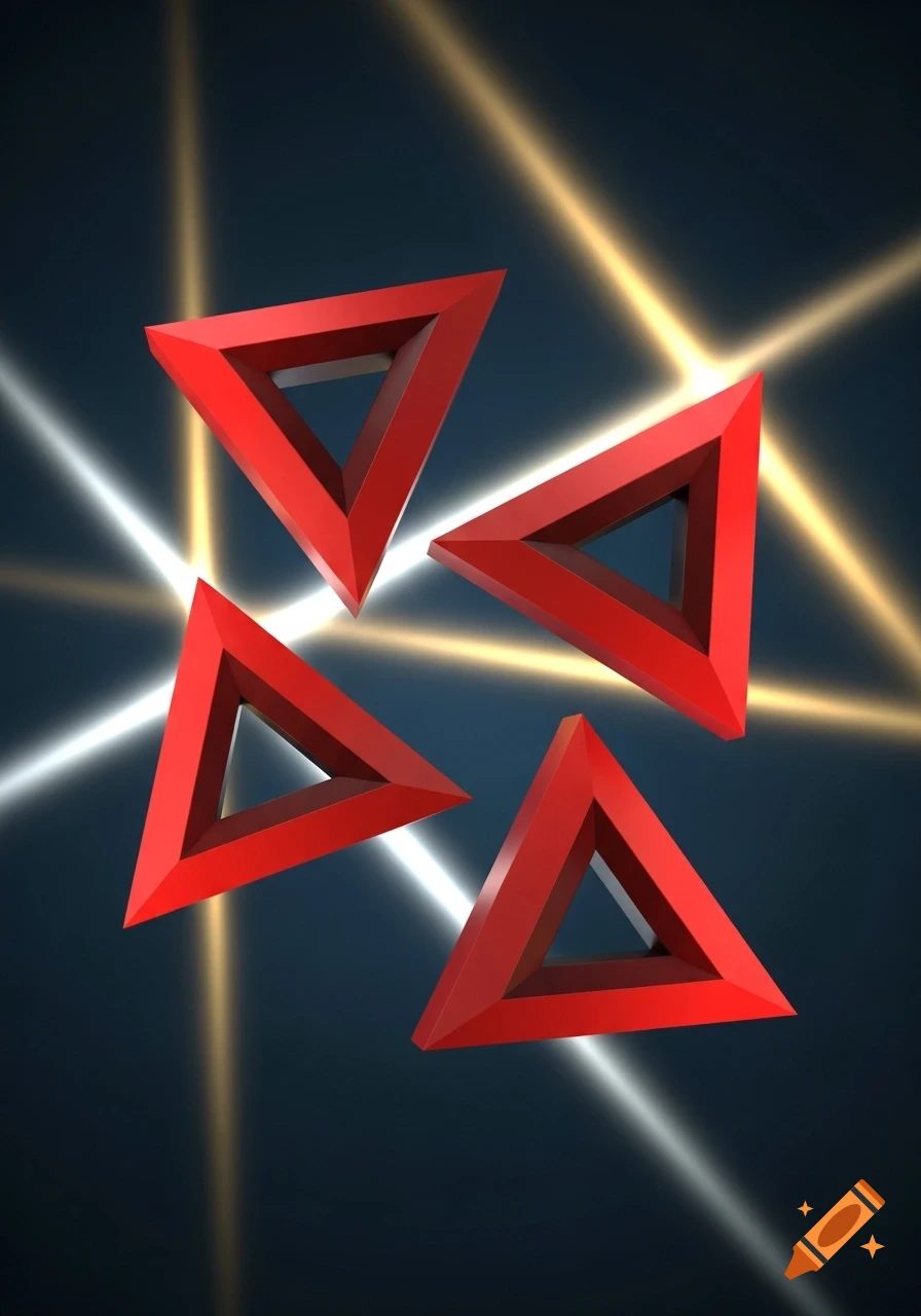 Four red 3D triangles float against a dark background, intersected by beams of white and gold light.