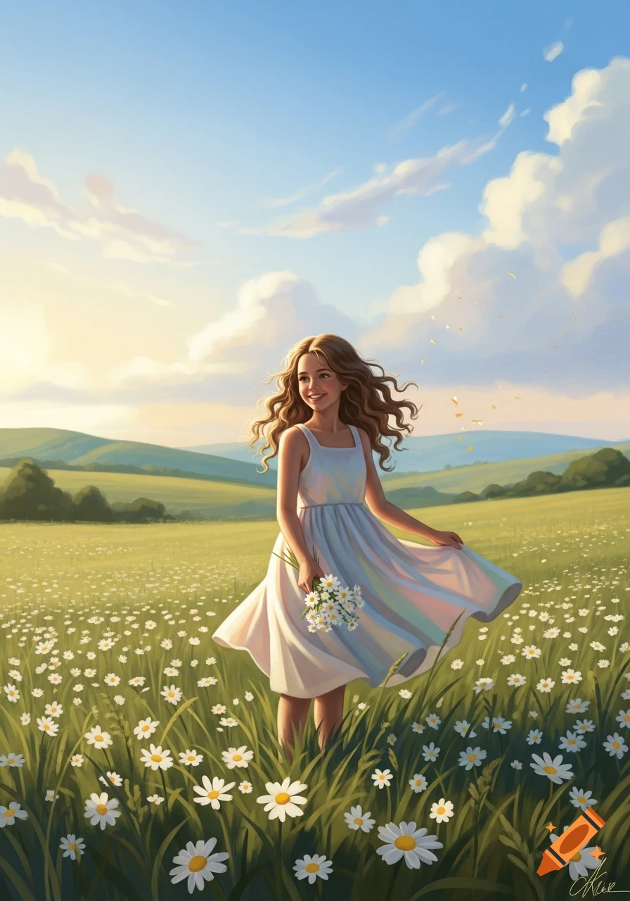 Smiling girl in a white dress stands in a sunny daisy field, holding a bouquet of flowers, digital painting.