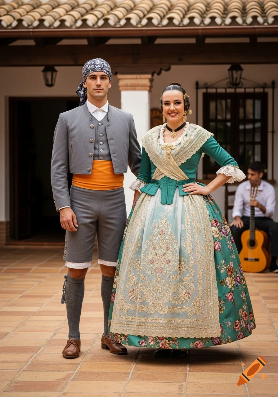 A man and woman in traditional Spanish clothing stand in a courtyard, with a musician playing a guitar in the background.