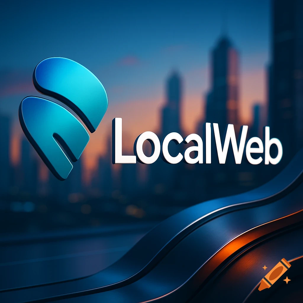 A stylized blue and teal abstract logo next to the white text "LocalWeb" against a blurred dark city skyline at dusk.