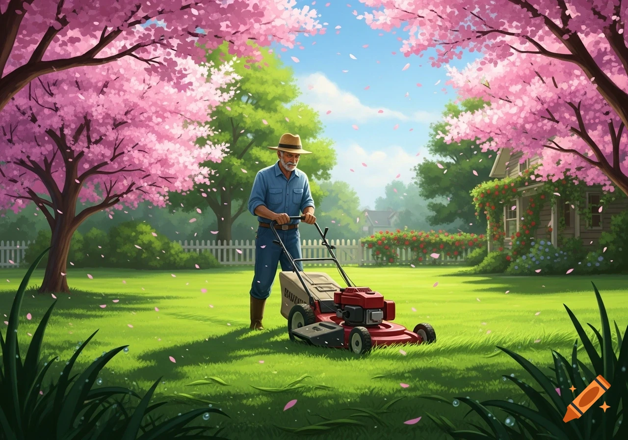 An illustrative image of a man in a straw hat and blue shirt mowing a lush green lawn surrounded by pink cherry blossom trees and a cozy house.