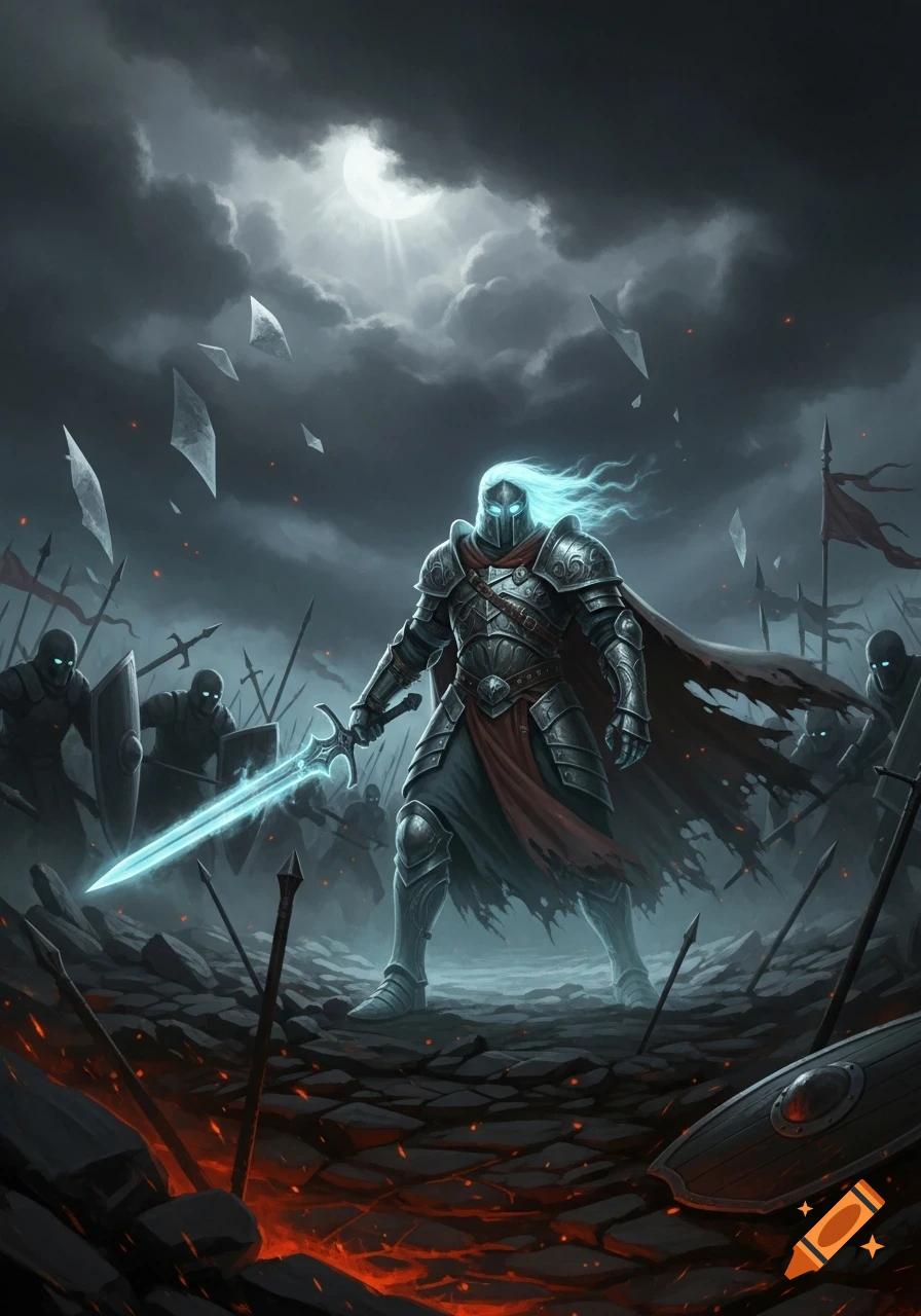 A glowing armored knight with a radiant sword stands on a fiery battlefield under a stormy moon, surrounded by dark figures. Dark fantasy art.