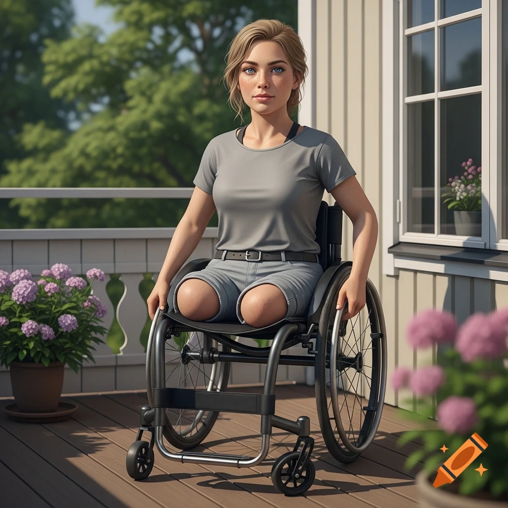 Photorealistic portrait of a young legless woman with blue eyes and freckles, in a wheelchair on a sunny wooden terrace.