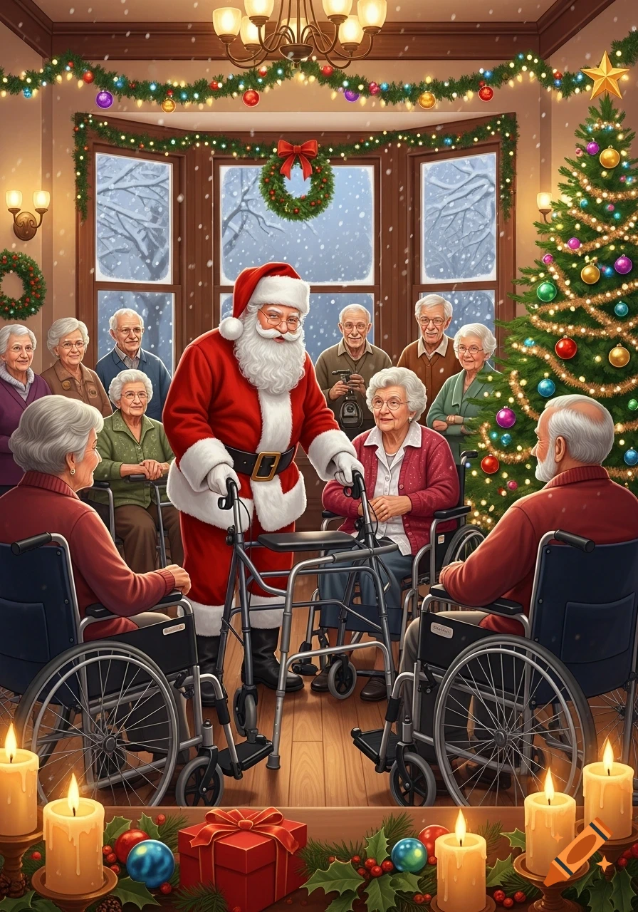 Santa Claus interacts with elderly people in wheelchairs and walkers in a festive room adorned with Christmas decorations and a tree.