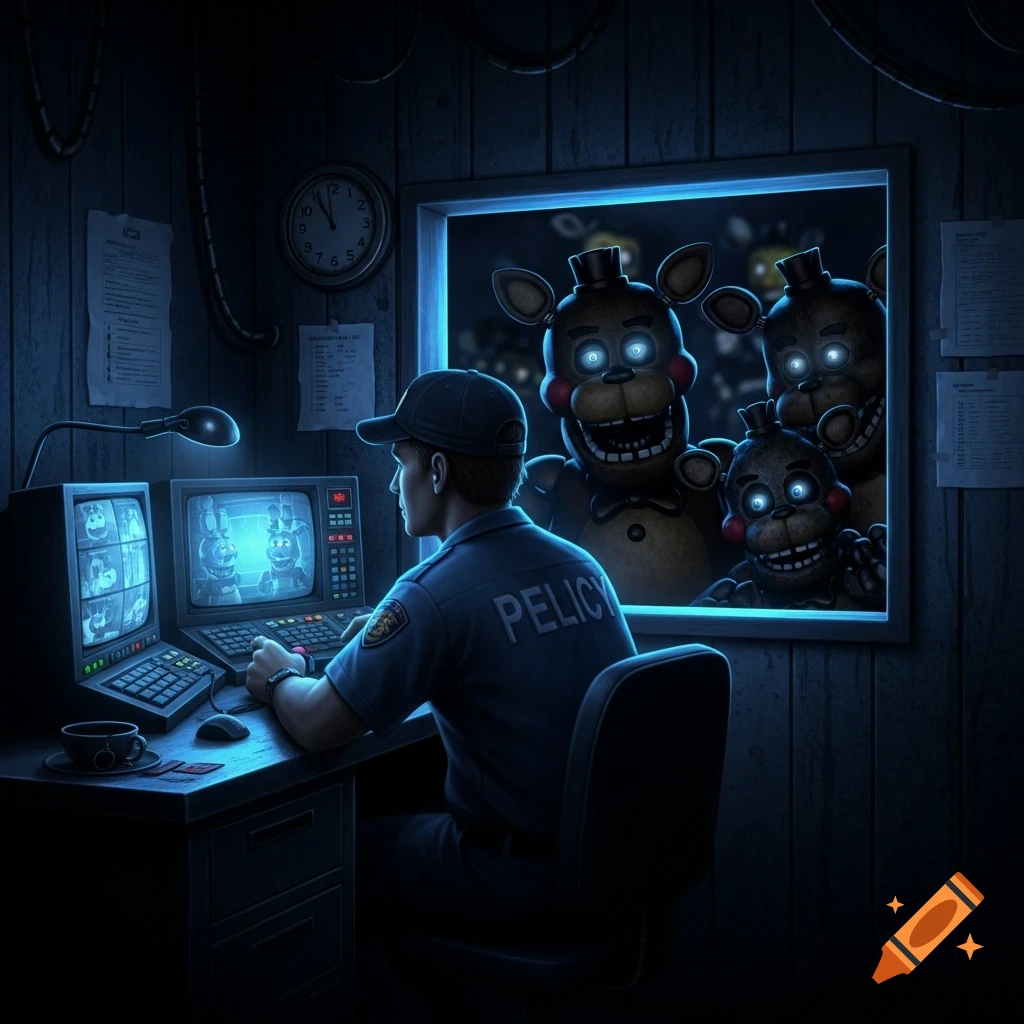 A security guard sits at a desk, looking at monitors, while menacing animatronic characters peer through a window in a dark room.