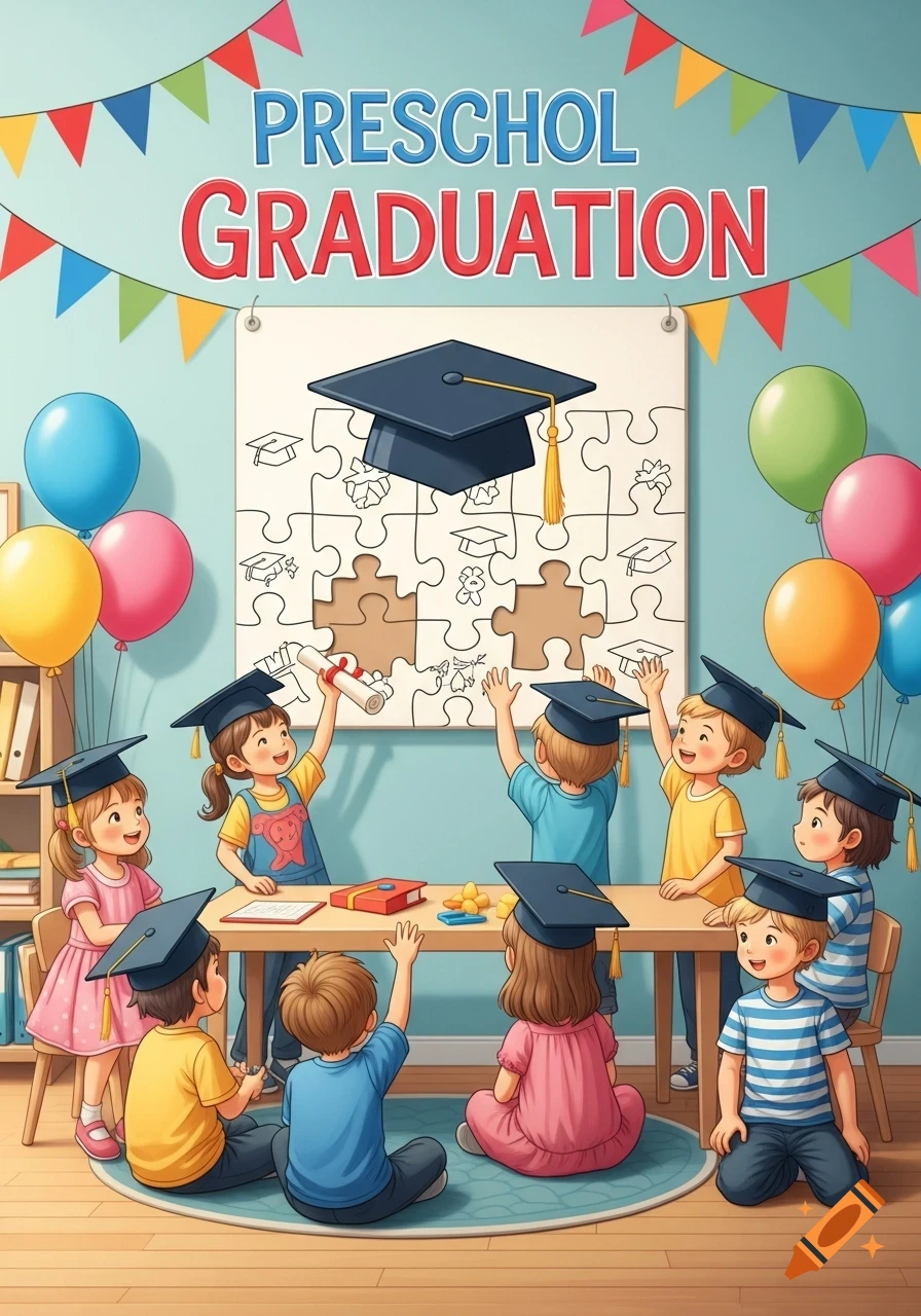 A vibrant children's illustration depicts smiling preschool graduates in caps, celebrating in a classroom with balloons and a 'Preschool Graduation' banner.