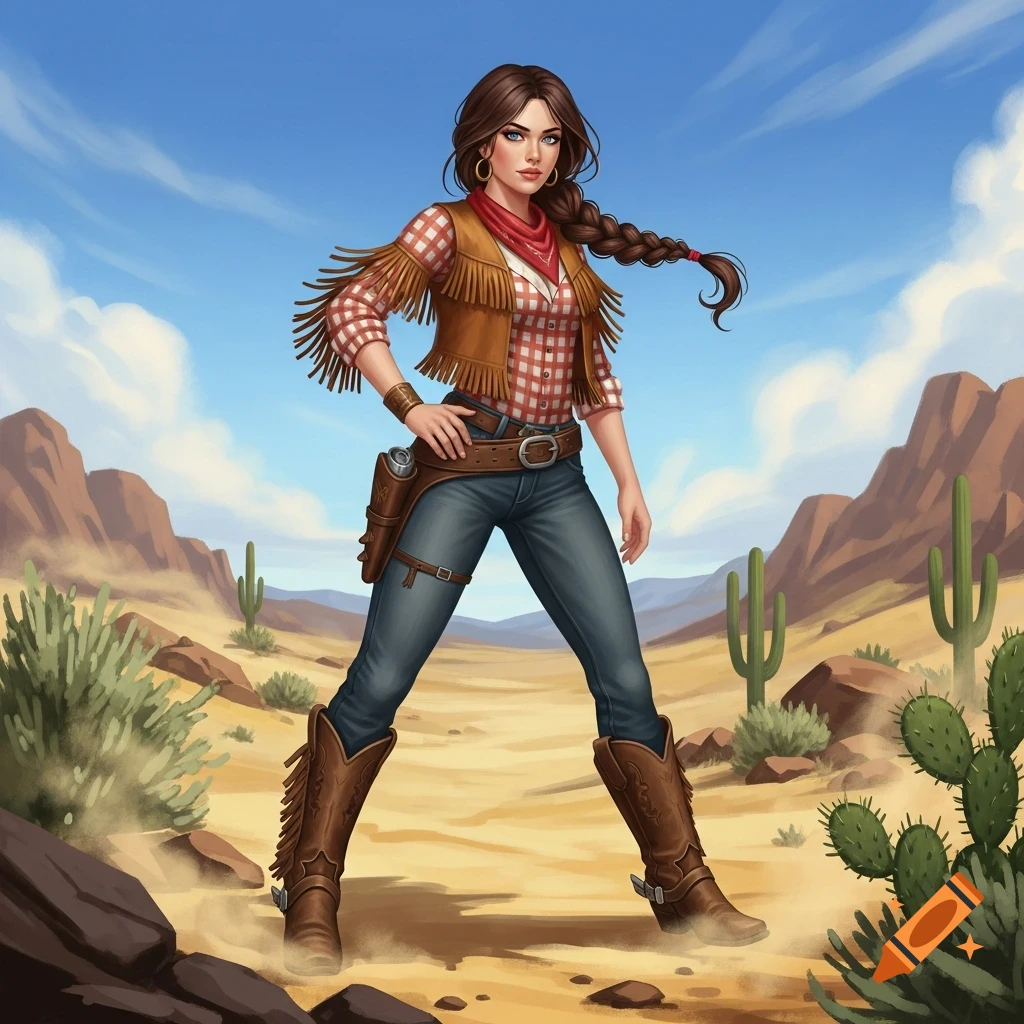 A cowgirl with a braided ponytail, wearing a fringed vest, plaid shirt, jeans, and boots, stands in a desert landscape.
