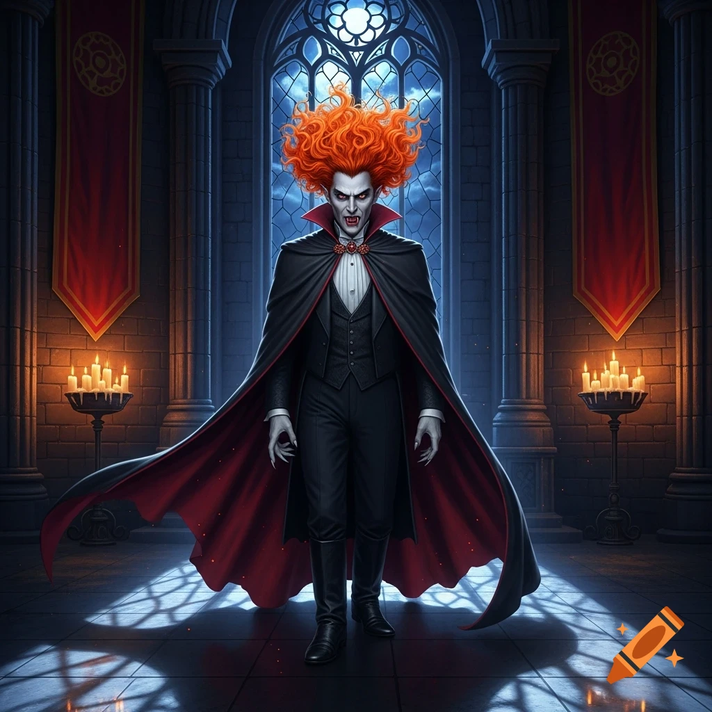 A full shot of a vampire with wild orange hair, fangs, black suit and cape, standing dramatically in a dark Gothic castle hall.