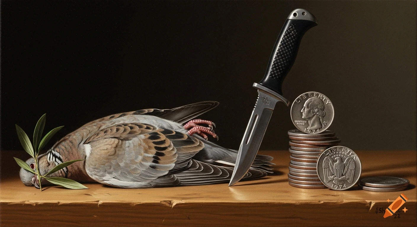 A dark, dramatic Baroque-style still life painting featuring a dead dove with an olive branch, a knife, and stacks of coins on a wooden table.