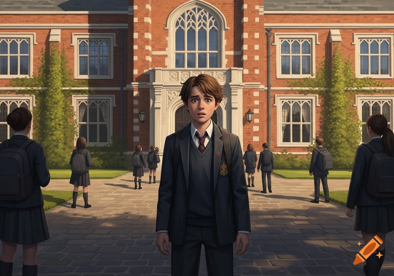 A surprised boy in a school uniform stands before a brick school building, while other students walk away. Illustrated style.