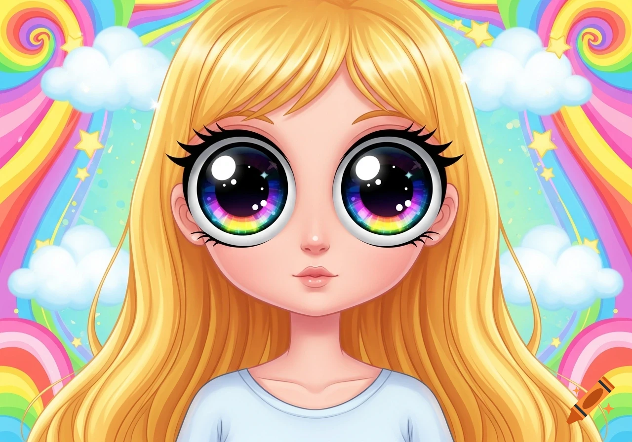 Cartoon blonde girl with huge, sparkling rainbow eyes against a bright background of rainbows, clouds, and stars.
