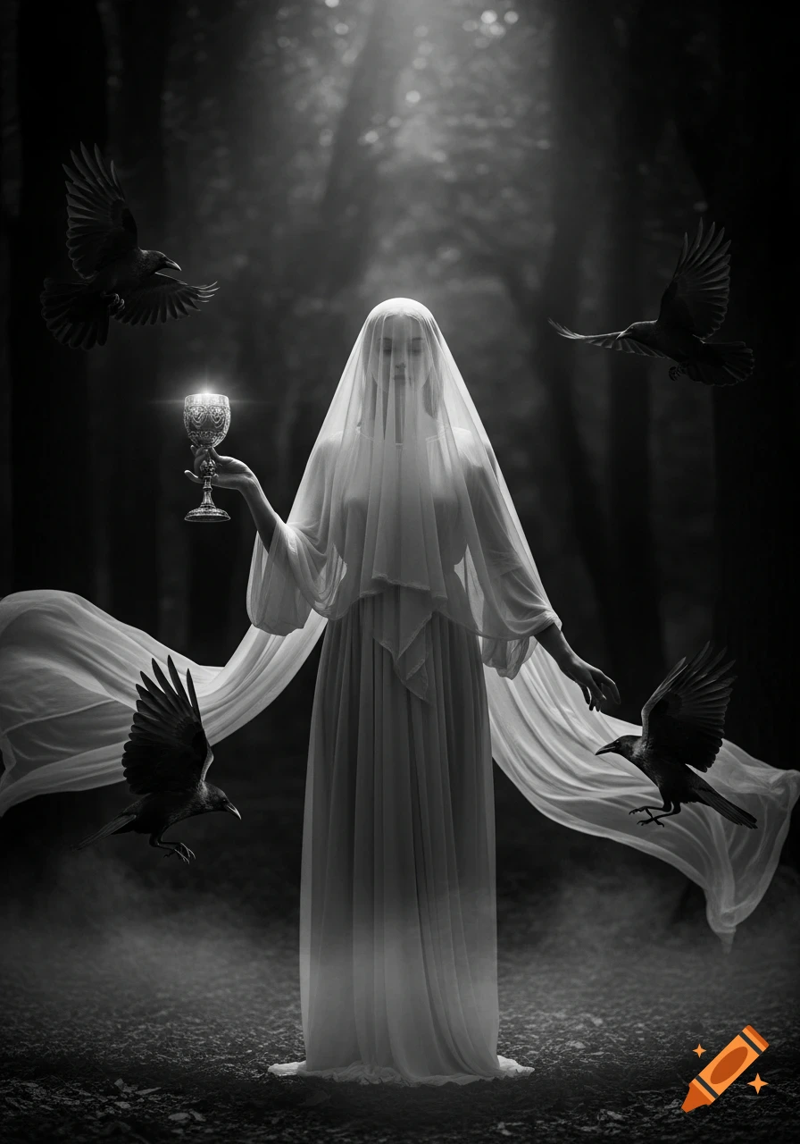 Black and white photo of a veiled figure resembling a goddess, holding a glowing goblet, surrounded by flying crows in a dark forest.