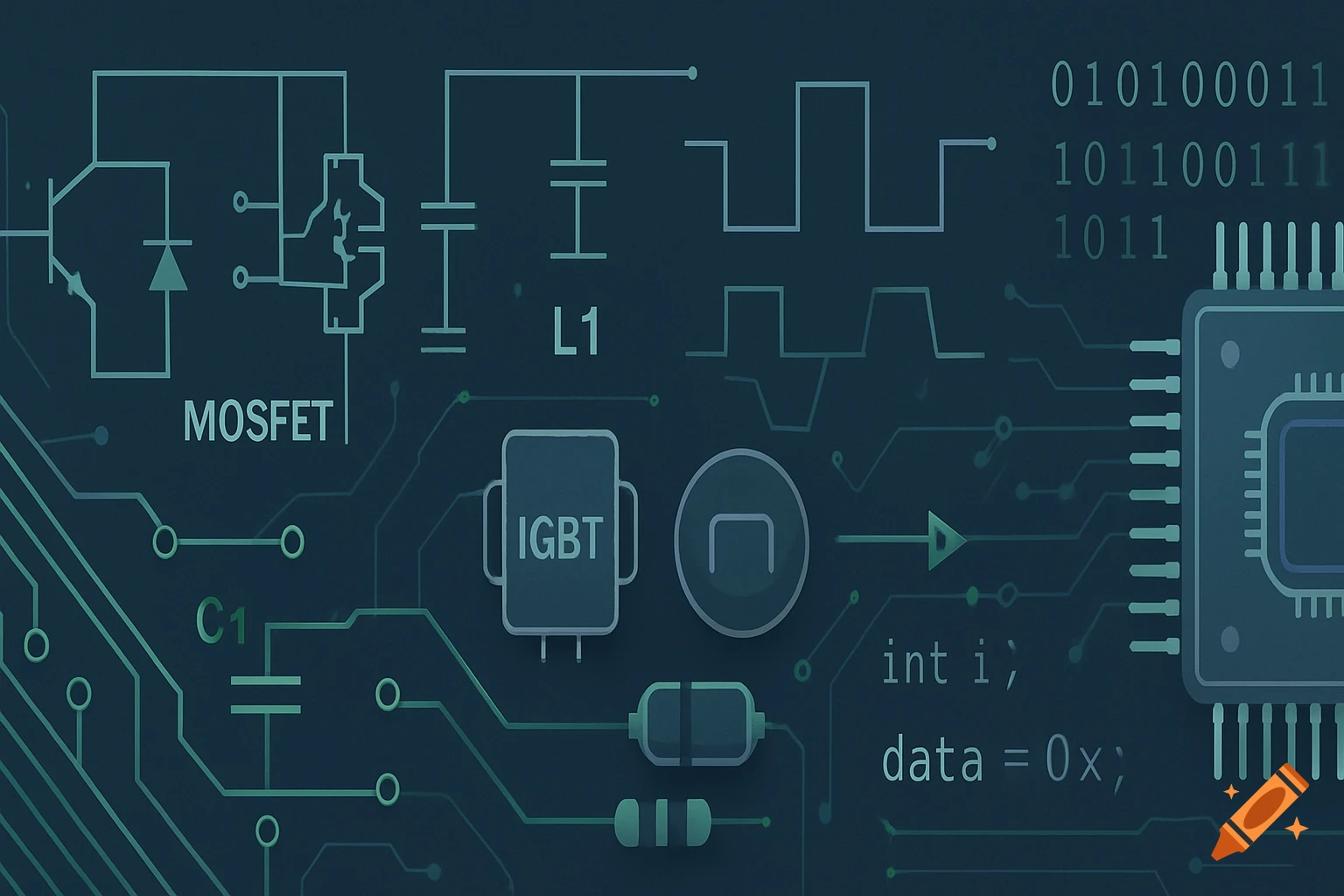 Circuit diagram with electronic components like MOSFET, IGBT, a microchip, binary code, and programming snippets.