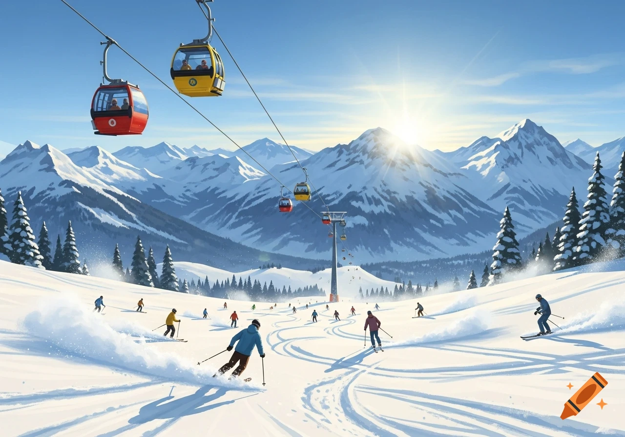 A vibrant digital illustration of skiers on a snowy mountain slope with cable cars overhead and sunlit peaks in the background.