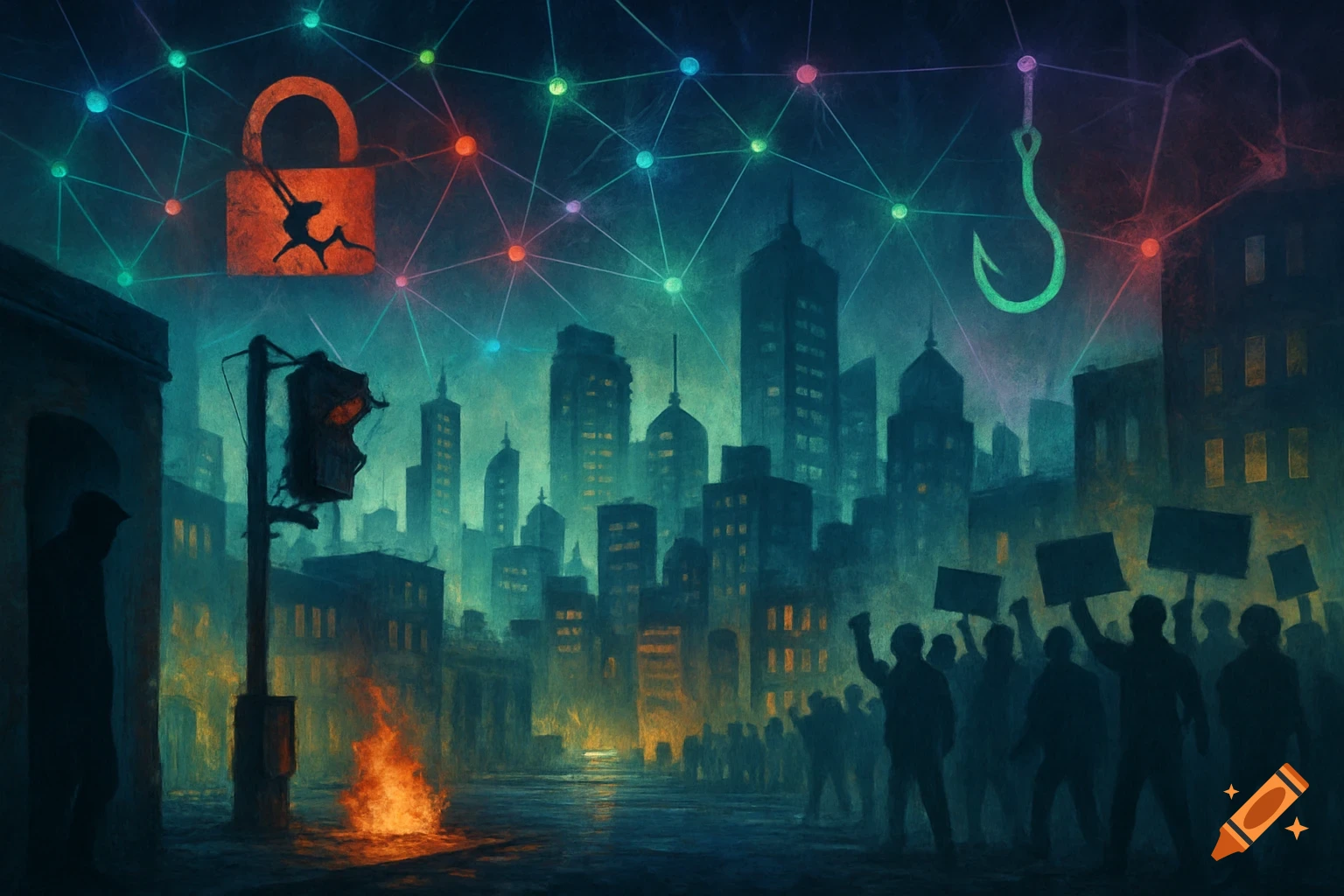 Stylized, dark cityscape at night with a protest. A glowing network with a cracked padlock and a phishing hook floats above, street fire burns below.