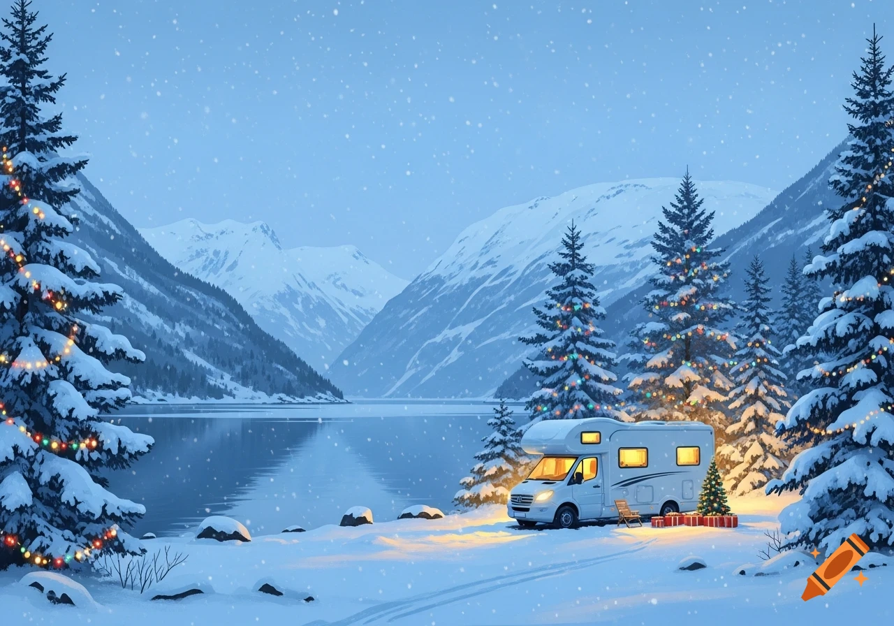 A white camper van with glowing windows parked by a snowy lake, surrounded by snow-covered pine trees with Christmas lights and mountains in the background, under falling snow.