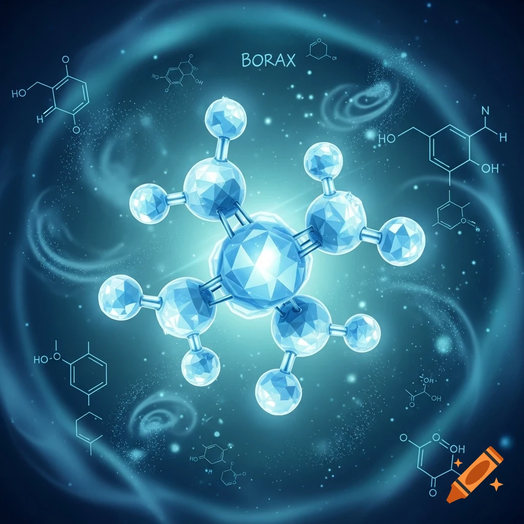 A glowing, crystal-like molecular structure against a swirling blue background with chemical formulas and the word BORAX.