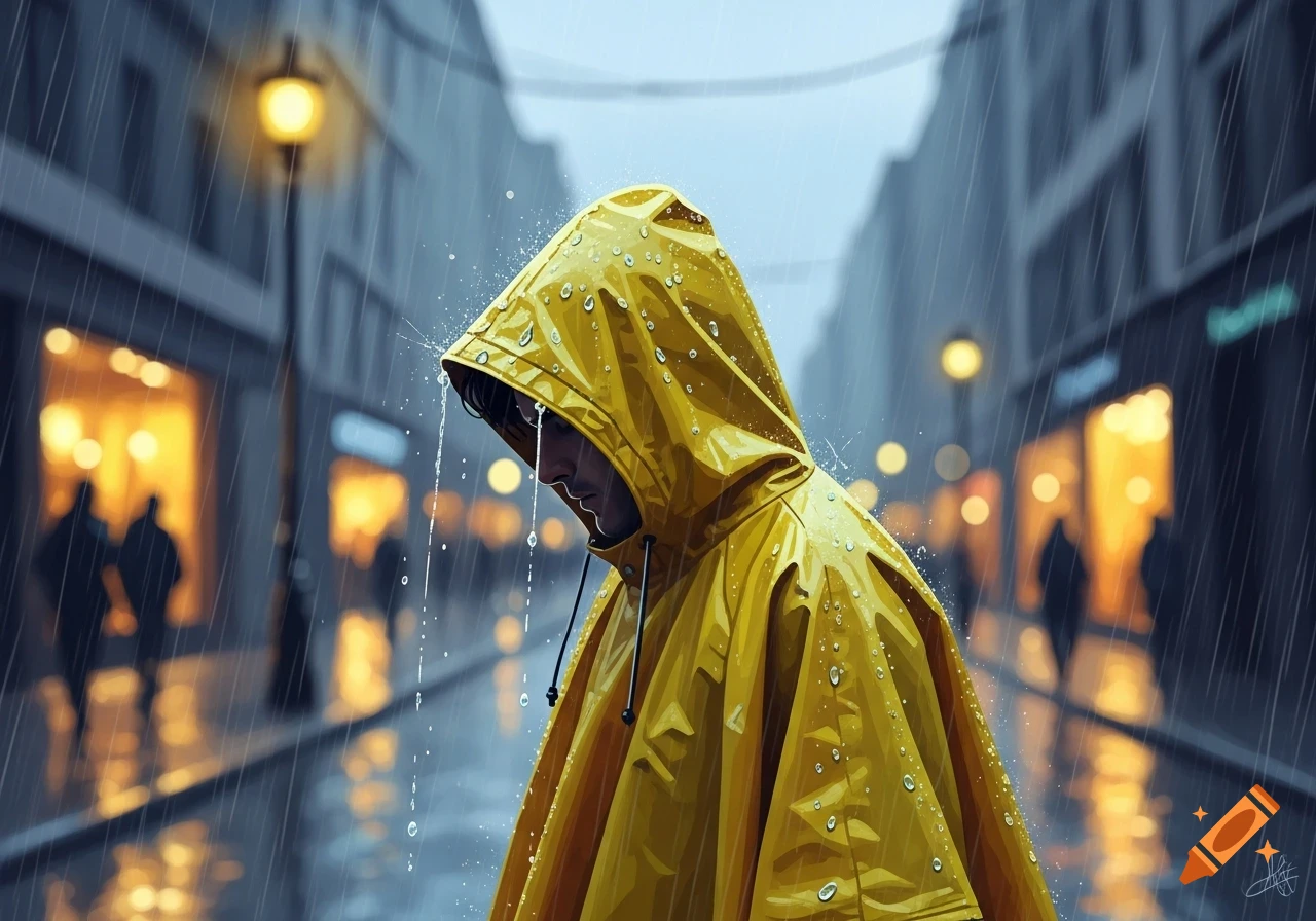 Person in a yellow raincoat walking down a rainy city street at night, with blurred lights in the background.