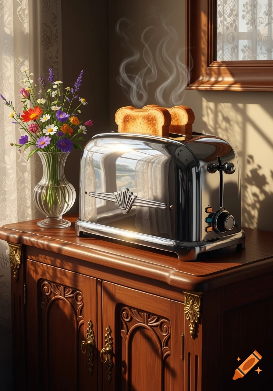 A shiny chrome toaster with two steaming slices of toast on a wooden cabinet next to a vase of colorful flowers.