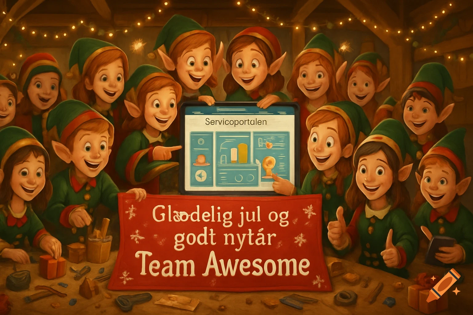 Cartoon elves in a festive workshop look at a tablet and a banner that says "Glædelig jul og godt nytår Team Awesome".