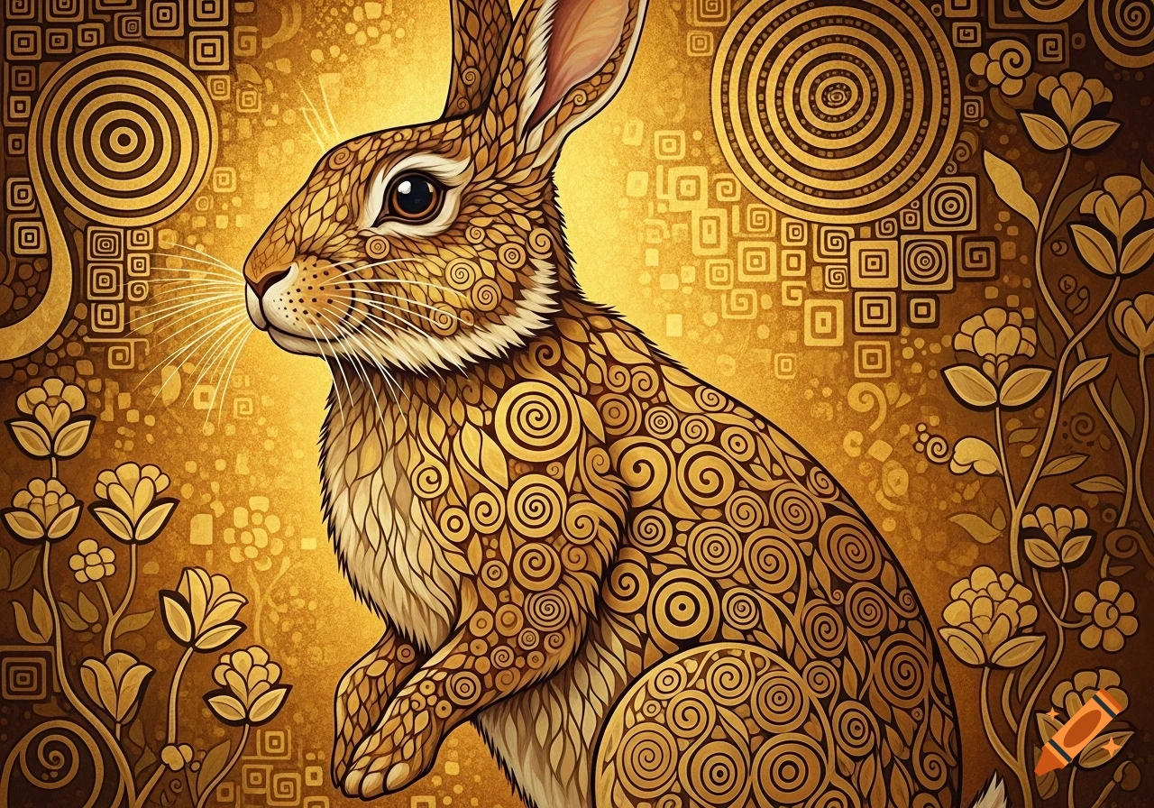 A stylized golden rabbit in a Klimt-inspired art nouveau style, surrounded by intricate patterns.
