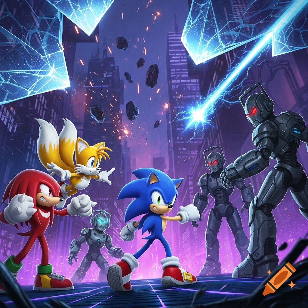 Sonic, Tails, and Knuckles battle Cybermen in a futuristic city under attack, with shattered ice and laser beams.